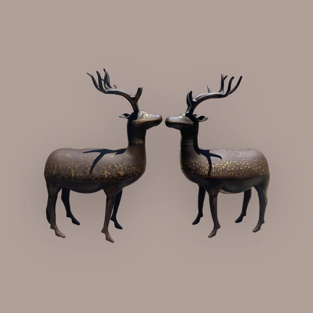 Superb Antique Islamic Persian Embedded Gold & Steel Large Pair Majestic Deers