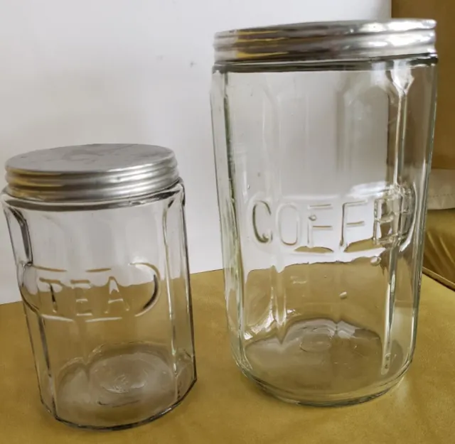 Antique Hoosier Cabinet Coffee And Tea Paneled Glass Jar With Aluminum Lids