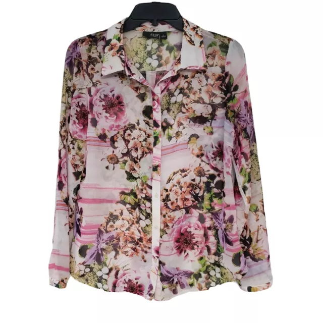 ANA A New Approach Womens Sheer Top Size M Floral Blouse Multi Color Long Sleeve