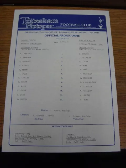 18/03/1986 Tottenham Hotspur Reserves v Crystal Palace Reserves  (single sheet,