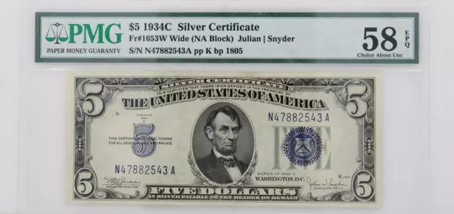 $5 1934C Silver Certificate Note FR#1653W Wide NA Block PMG 58 EPQ About Uncir
