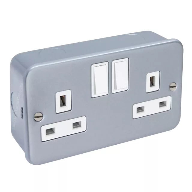 METAL CLAD 13 Amp Double 2 Gang Switched Socket Twin Electrical Wall Plug Socket