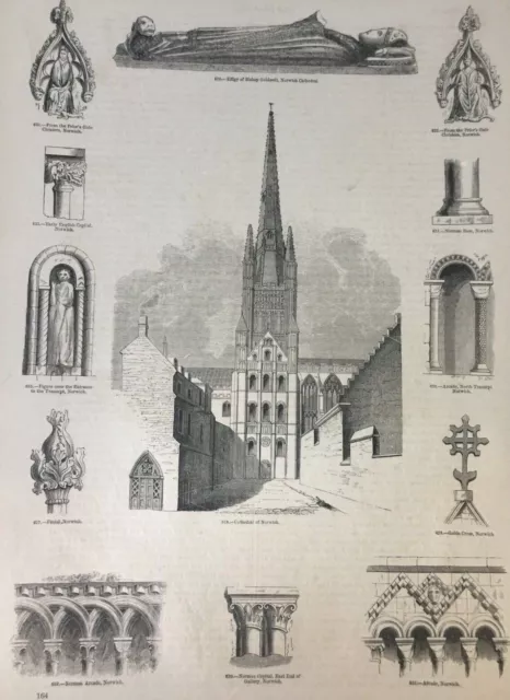 Antique Print C1860's Cathedral Norwich Engraving Bishop Goldwell Architecture
