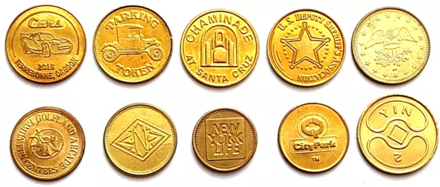 Arcade Car Wash Parking Tokens Lot Of 10 Brass .875"-.9375"