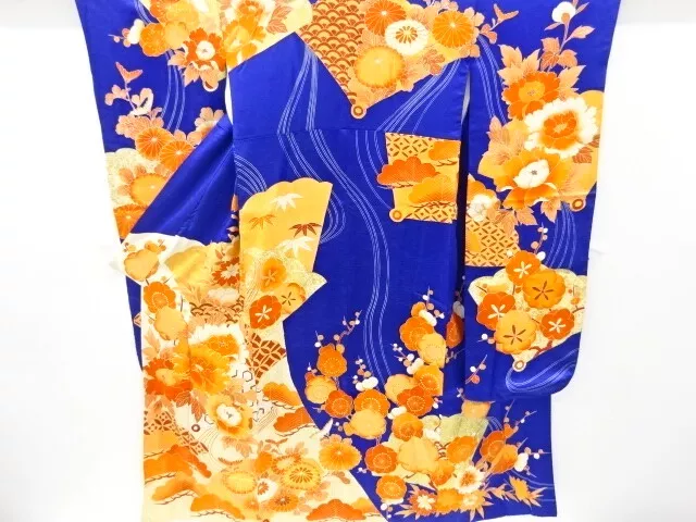 82991# Japanese Kimono / Antique Furisode / Embroidery / Peony & Kiku