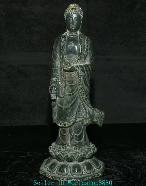 11.4'' Ancient Chinese Green Jade Carved Shakyamuni Amitabha Buddha Sculpture