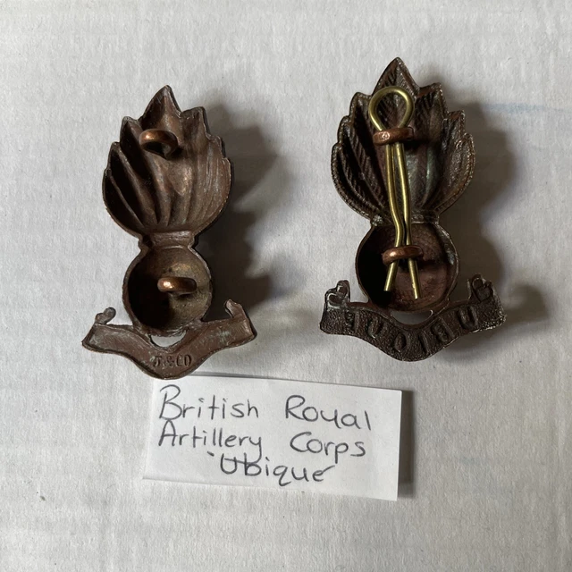 WW2 ERA UBIQUE Royal Artillery BRONZE British Army Cap Collar Hat Badge