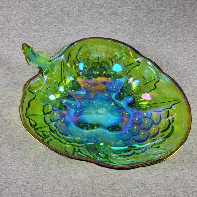 Vintage Gorgeous Carnival Glass Iridescent Green Grapes Large Salad Fruit Bowl