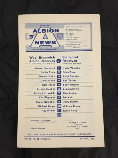 1966/67    West Brom / WBA Reserves    v    Blackpool Reserves    8/4