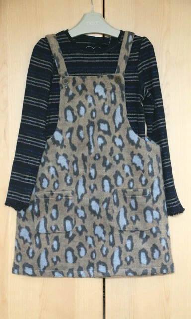 NEXT Girls Taupe Pinafore Dress & Navy Metallised Top Age 5-6 Years BNWT