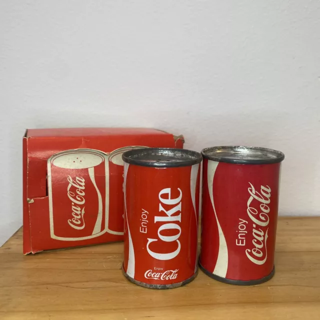 Vintage Coca Cola Pop Soda Can Salt & Pepper Shakers in original box Coke #7879