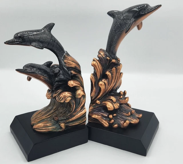 Ebros Nautical 2 Dolphins Surfing Ocean Waves Electroplated Bronze Resin Bookend