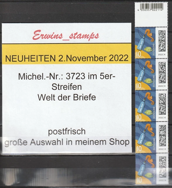 Bund 2.November 2022 Mi-Nr 3723 5er-Streifen mit EAN-CODE u Nr 05 - 100