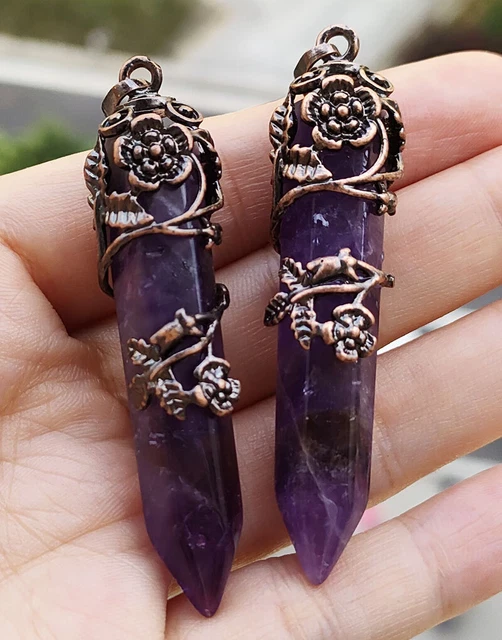 2pcs Amethyst Gems Rose Pendants Hexagon Chakra Reiki Healing Amulet