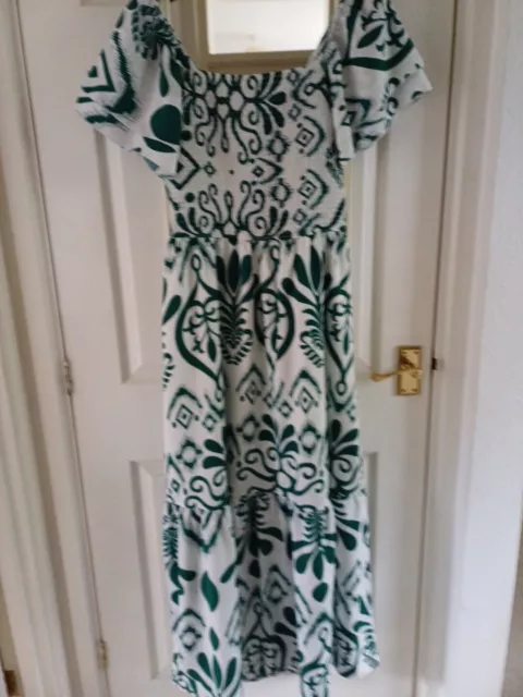 Striking Green White Shirred Bust Maxi Floaty Summer Dress 👗XL 14 16 Stretchy