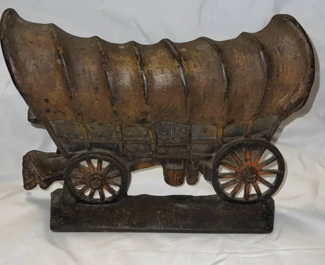 Antique Heavy Cast Iron Door Stop Old West Covered Carriage Wagon 12”