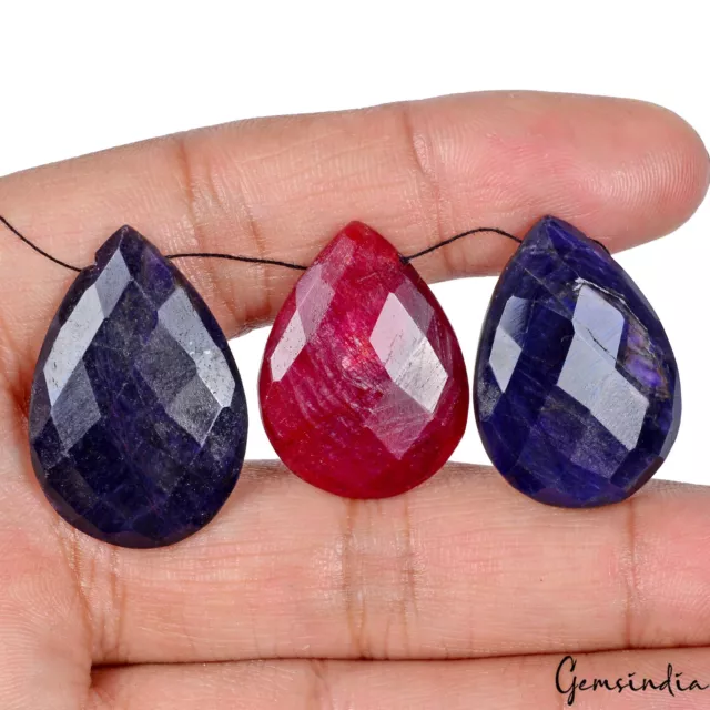 gemsindia 3 Pcs Ruby Sapphire Drilled Pear Checker Cut Certified Beads/Briolette