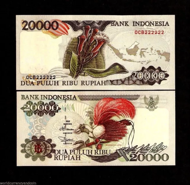 Indonesia 20000 20,000 Rupiah P135 Solid # 222222 1996 Unc Bird Clove Map Note