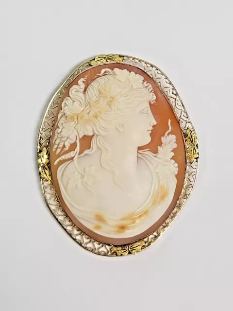 VICTORIAN 14k Filigree Frame Carved Shell Cameo Pin Pendant Brooch