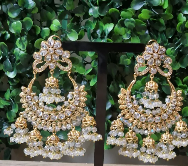 Pakistani Indian Crystal Stones Gold Plated Big Bali Style Hoop Earrings Pretty