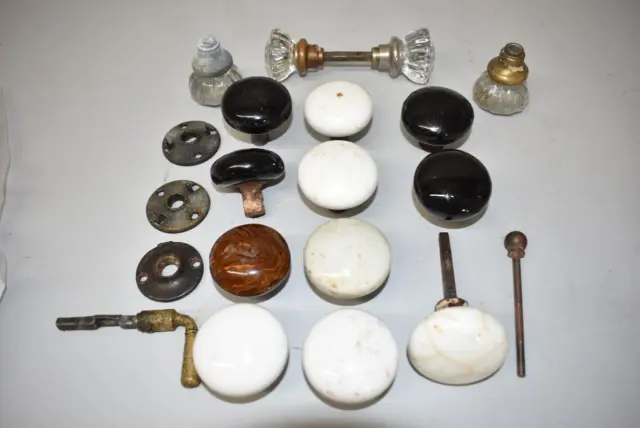 Antique Misc. Lot Crystal, Porcelain, Pottery Door Knobs, Brass Handle