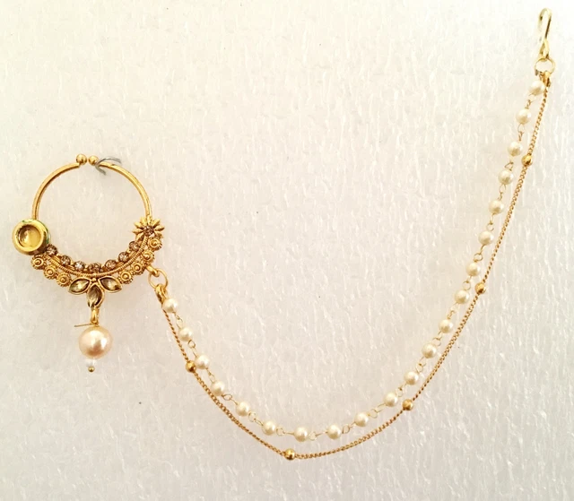 Bridal Nose Pin Indian Nose Ring Nath Nose Chain Nathini Wedding Body Jewelry 39