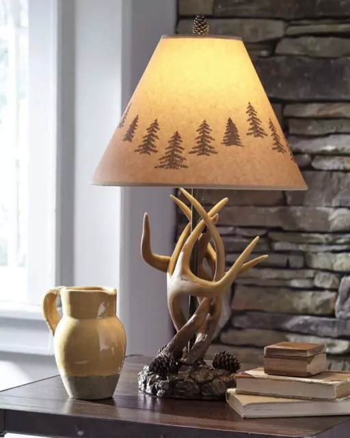 Rustic Antler Pine-cone SILHOUETTE Pinetree Lamp shade End Table Nightstand 2