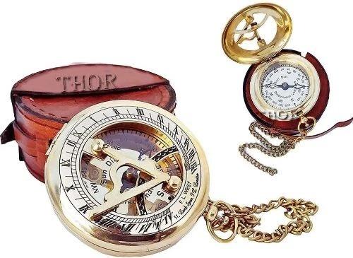 Beautiful Brass Sundial Compass with Brown Leather Case & Chain | Push Open Comp