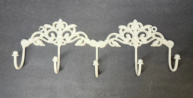 Cast Iron Victorian Style 5-Hook Wall-Mount Coat Rack Holder, Key, Painted White