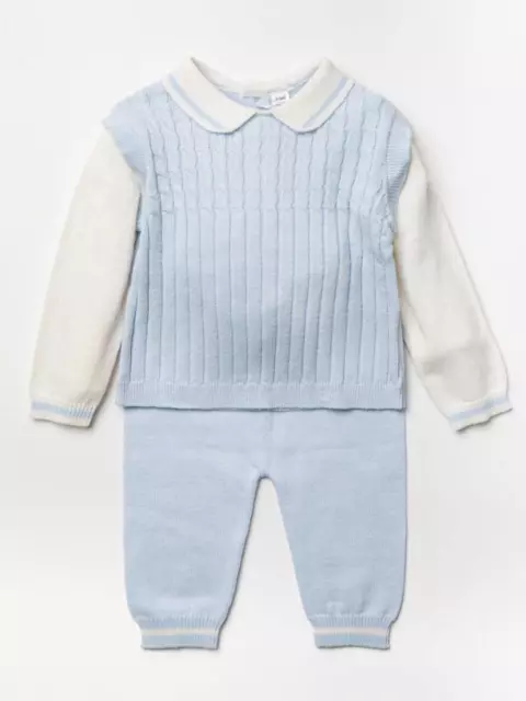 NEW Baby Boys Spanish Style Sky Blue & White Cable Knitted 2 Piece Outfit 0-3M