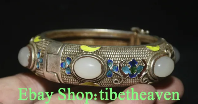 3.6" Rare Old China Miao Silver inlay White Jade Cloisonne Bat Lucky Bracelet