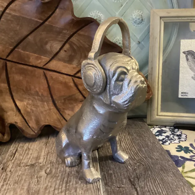 Pug Bulldog dog silver wearing headphones statue dog metal 8 1/4” Frenchie Decor