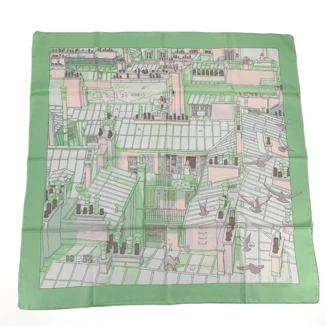 Hermes Carre 90 Silk Scarf Les Toits De Paris Green 90cmx90cm Women's Genuine