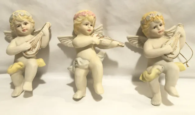 Beautiful Bisque Porcelain Angels Playing Guitars/Violin-Ornament Set (Qty.3)