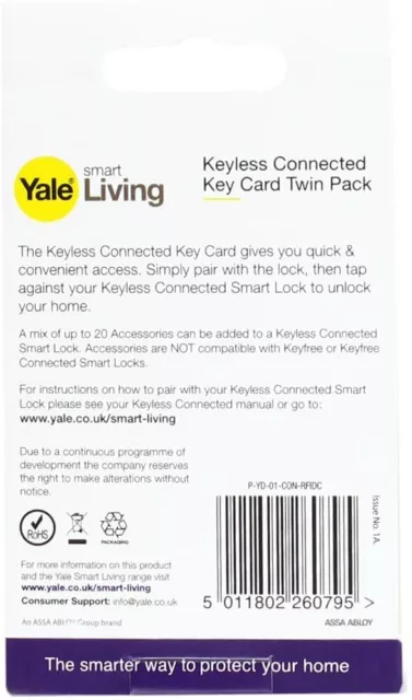 Yale P-YD-01-CON-RFIDC cartes-clés de verrouillage de porte intelligente pack de 2 cartes-clés connectées accès porte-à-porte 2