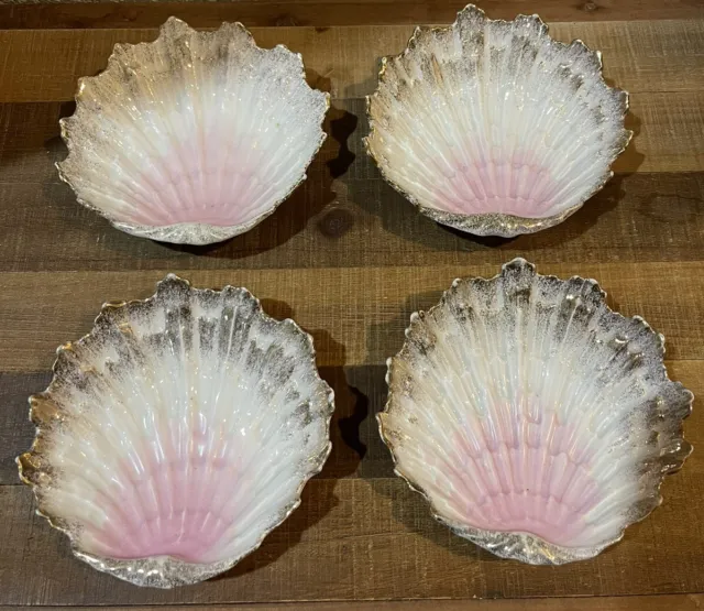 KPM German  Porcelain Pink Colores Scallop Shell Dishes Gold Trim Antique 4 Pcs