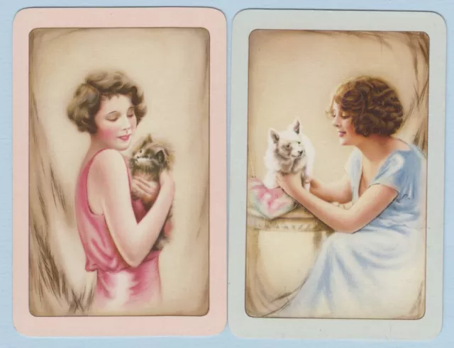 Playing Swap Cards  GENUINE 2 only single LOVELY LADIES WITH CAT & DOG