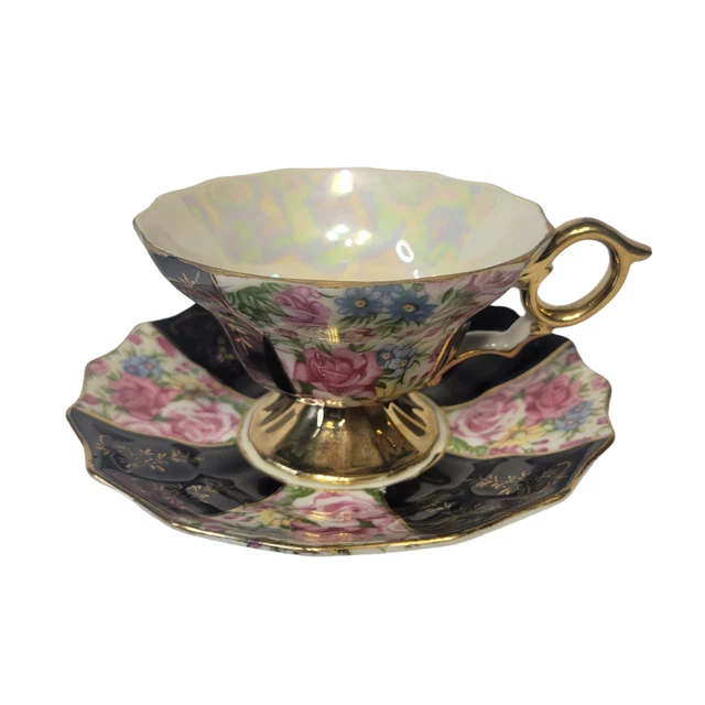 Taza de té y platillo vintage Nasco del Coronado brillo iridiscente dorado floral