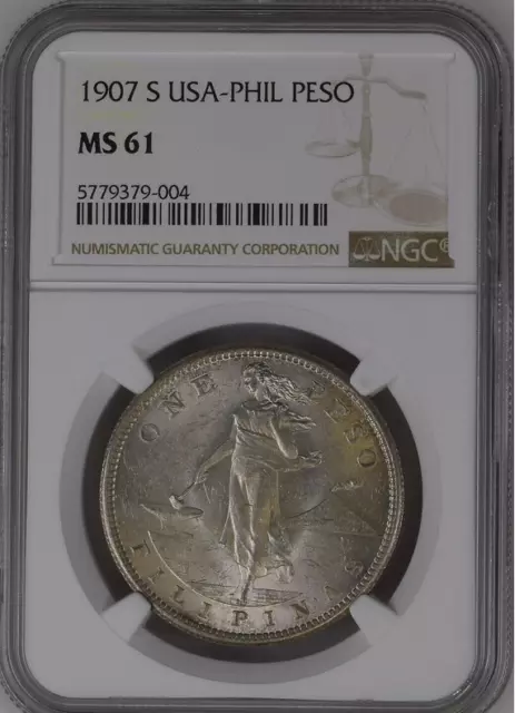 :1907-S 1-Peso .800-Silver Usa Philippines Ngc Ms 61 Brilliant Beauty Rare R5