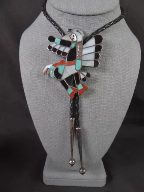 Old Pawn Famous Vintage Zuni Turquoise Coral Sterling Silver Bolo Tie Wm. Zunie