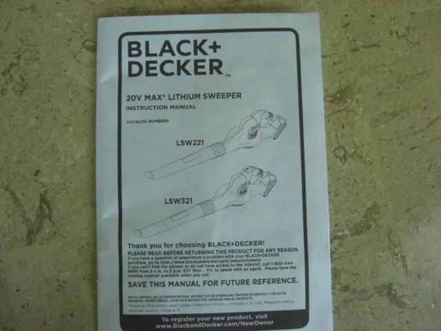 BLACK DECKER LSW221/LSW321 20V MAX Lithium Cordless Sweeper Instruction  Manual