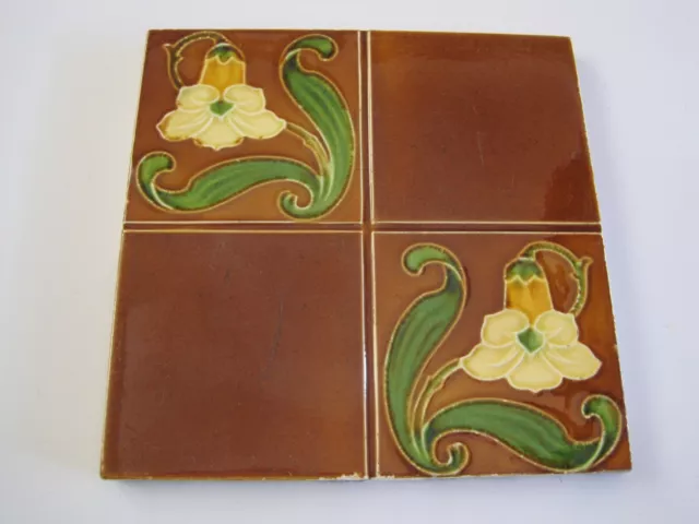 ANTIQUE MOULDED & MAJOLICA ART NOUVEAU QUARTERED TILE - J H BARRATT - c1904 #1