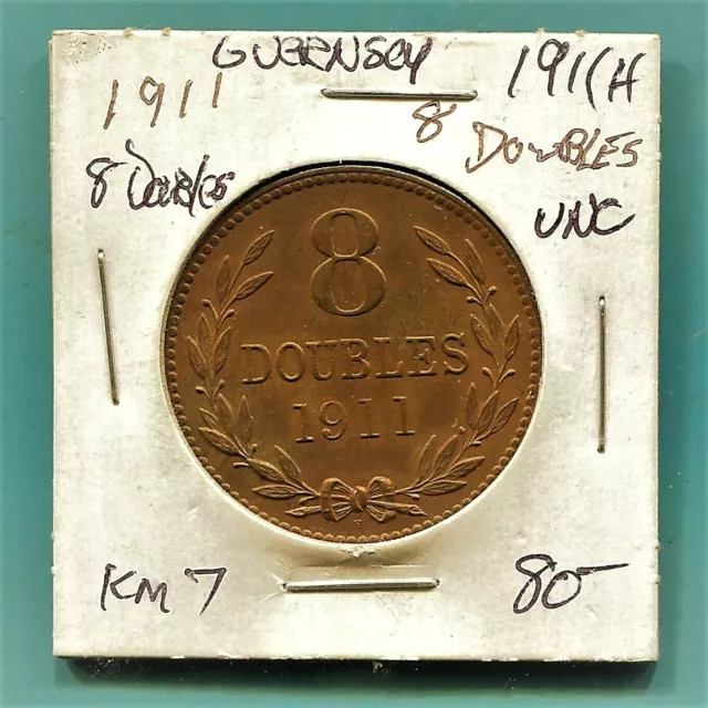 Guernesey, Guernsey- Beautiful Historical Scarce Bronze 8 Doubles, 1911 H, Km# 7