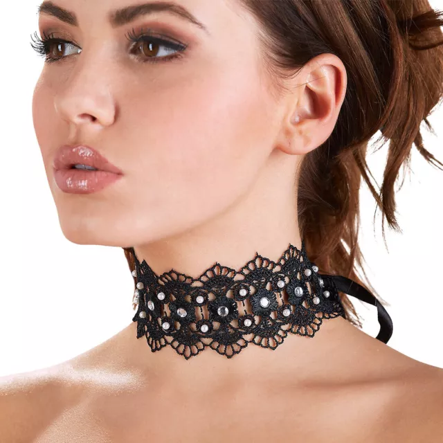 Sexy Halsband schwarz mit Perlen und Strass Modeschmuck Halskette Choker