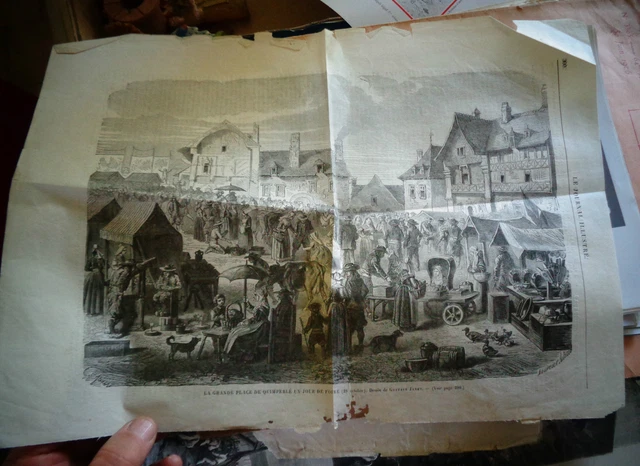 Antique engraving Gustave Janet Grande Place de Quimperlé Day Fair BRETAGNE 19th century