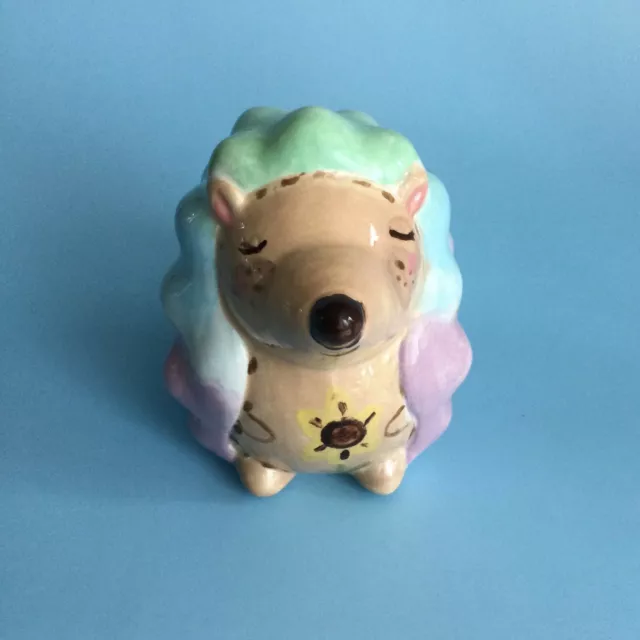 Hedgehog Ceramic Figurine Handmade Hand Painted 3.5" Tall Signed Dated Colorful