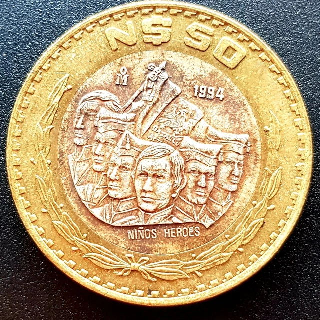 1994 MEXICO $50 NUEVOS PESOS Silver BIMETALLIC Niños Héroes Very Nice! Key Date!