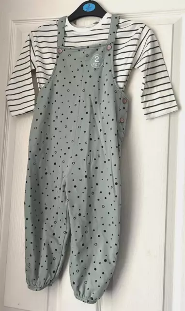 Next 2 Piece Dungaree Set Green Spot Striped Top Age 2-3 Years