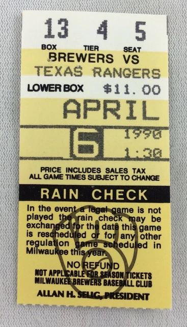 MLB 1990 04/06 Texas Rangers at Milwaukee Brewers Ticket Stub