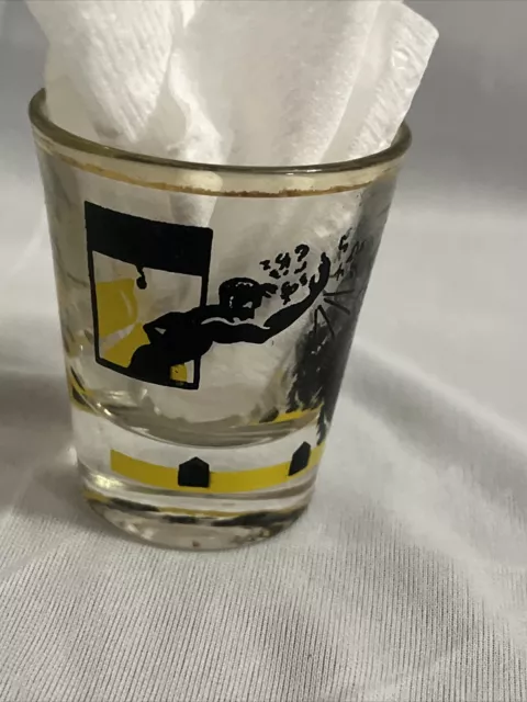 Vintage Man Throwing Shoe At Cats Fighting Good Luck Shot Glass 2" Tall Gold